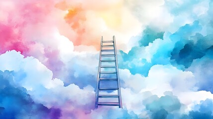 Wall Mural - Watercolor Ladder to Clouds Symbolizing Success and Ambition