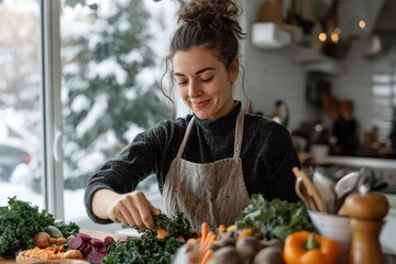 A young woman in a cozy kitchen prepares a meal with fresh vegetables during a serene winter day, capturing warmth and culinary creativity in the snowy season.