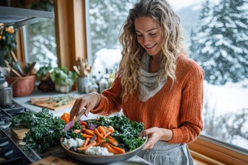 in a scenic and cozy kitchen, a young woman stands with a vibrant winter vegetable dish, exuding war