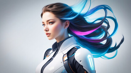 Wall Mural - Young woman with colored hair dressed in a futuristic sleek white high tech suit