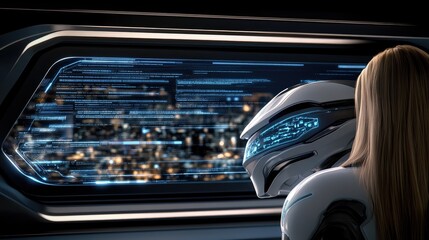 Poster - A white humanoid cyborg interacts with a large holographic display while immersed in a vibrant city atmosphere illuminated by glowing lights