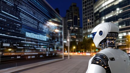 Poster - A white humanoid cyborg interacts with a large holographic display while immersed in a vibrant city atmosphere illuminated by glowing lights