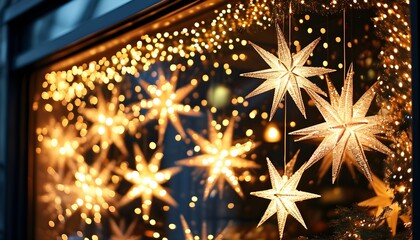 Wall Mural - Enchanting Holiday Window Display Adorned with Twinkling Stars and Fairy Lights, Evoking Celebration and Warmth