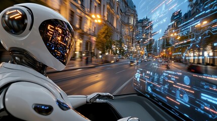 Poster - A white humanoid cyborg interacts with a large holographic display while immersed in a vibrant city atmosphere illuminated by glowing lights