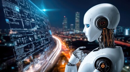 Poster - A white humanoid cyborg interacts with a large holographic display while immersed in a vibrant city atmosphere illuminated by glowing lights