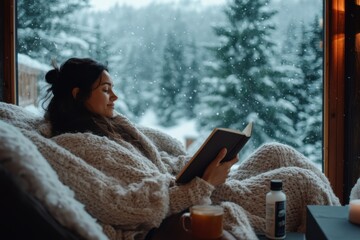 A person is reading a book while seated by a large window, wrapped in a warm knit blanket, enjoying the serene winter scenery outside, offering a moment of quiet relaxation and contemplation.