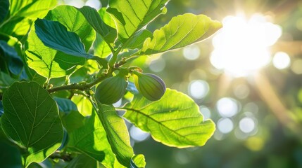 Figs ripening under sunlight in a lush garden during a vibrant afternoon in late summer