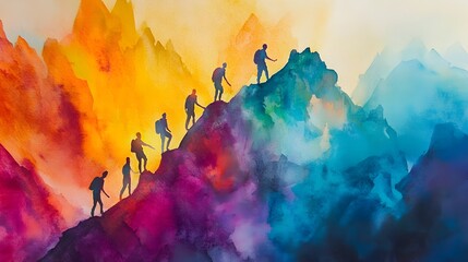 Wall Mural - Abstract watercolor painting of a guiding figure leading others up a scenic mountain landscape