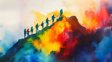 Wall Mural - Abstract Watercolor of a Figure Guiding a Team up the Mountain of Success