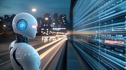 Poster - A white humanoid cyborg interacts with a large holographic display while immersed in a vibrant city atmosphere illuminated by glowing lights