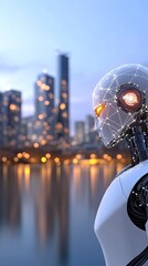 Poster - A white humanoid cyborg interacts with a large holographic display while immersed in a vibrant city atmosphere illuminated by glowing lights