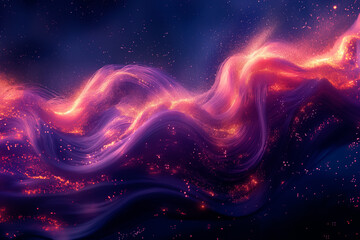 Poster - A mesmerizing display of cosmic waves flows through outer space, featuring vibrant colors of purple, pink, and orange against a deep blue background. Stars twinkle amidst the swirling patterns