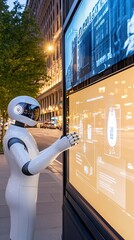 Poster - A white humanoid cyborg interacts with a large holographic display while immersed in a vibrant city atmosphere illuminated by glowing lights