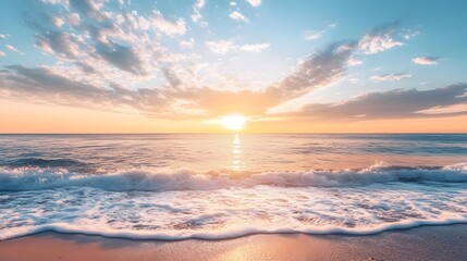 Breathtaking photograph showcasing a serene coastal sunrise with the sun s warm rays gently illuminating the tranquil beach landscape and creating a dreamy atmospheric scene