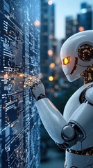 Poster - A white humanoid cyborg interacts with a large holographic display while immersed in a vibrant city atmosphere illuminated by glowing lights