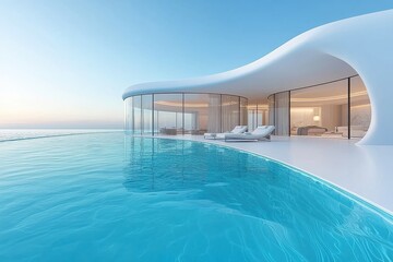 Luxury resort with modern glass dome villa overlooking infinity pool and ocean