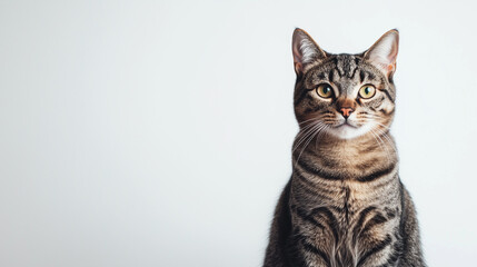 Studio portrait of a sitting tabby cat looking forward on a white background with copy space.