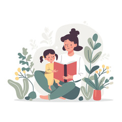 Mother and child reading book together.  Mom and girl kid relax with fairytale book. Flat vector illustration isolated on white background