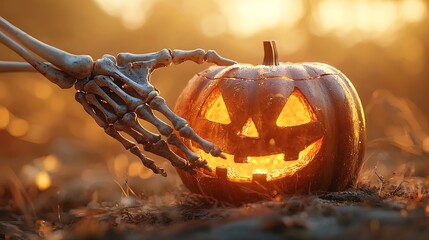 A skeleton hand touches a jack-o'-lantern at sunset, casting long, eerie shadows.