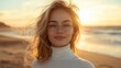 © ifoto - Beautiful blond woman wearing a white long-sleeved turtleneck top with straight hair blowing in the wind at the beach, in a high definition