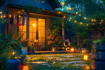 Summer evening on the patio of beautiful suburban house with lights in the garden garden