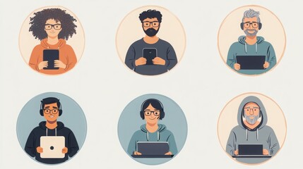 Wall Mural - a set of illustrated avatars in circular frames showcasing diverse online community moderators. One moderator wears glasses holding a smartphone, another has short curly hair 