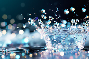 Poster - Droplets create a stunning splash on a tranquil surface, forming intricate patterns surrounded by glimmering reflections that enhance the lively atmosphere