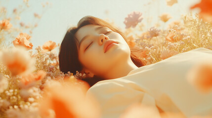 A woman's face with closed eyes surrounded by colorful flowers in a field, with the sun shining in the background