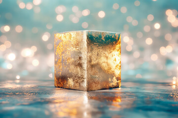 Poster - This sophisticated golden cube stands prominently against a backdrop of soft, glowing lights and reflections, evoking a sense of tranquility and allure in the surroundings