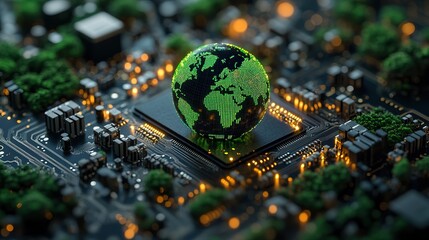 A concept highlighting green technology with a world icon on a circuit board, focusing on environmental innovations, green computing, CSR, and IT ethics.