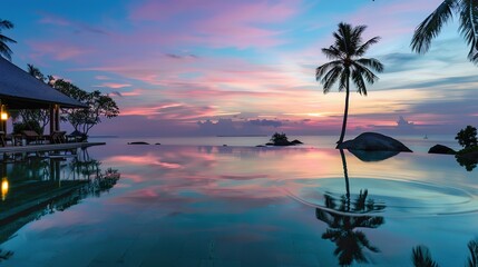 A breathtakingly beautiful sunset seaside scenery. The sky is ablaze with warm hues of orange, pink, and purple as the sun dips below the horizon. The waves gently lap at the shore, creating a soothin