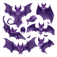 illustration vector purple Halloween bat set isolated on white background, watercolor bat set for Halloween collection