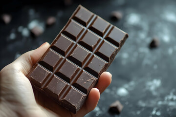 Wall Mural - A Hand Holds A Bar Of Dark Chocolate On A Dark Background