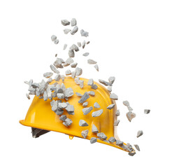 Construction supply equipment rock gravel fall into safety hard yellow hat as accident. Safety Hat protect supply rock gravel from accident falling hit head. White background isolated