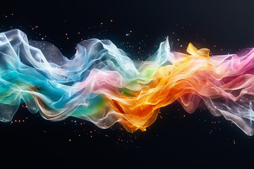 Poster - A vibrant display of flowing ribbons in blue, pink, orange, and yellow dances across a dark backdrop. The smooth transitions and sparkles create a dynamic and eye-catching effect