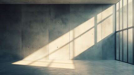Poster - A photograph of an empty room with concrete walls and floor, sunlight shining through the window creating soft shadows on the wall