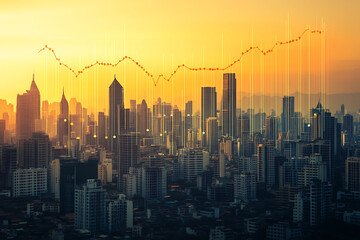 Charming background with a graph showing economic growth trends, overlaid on a city skyline