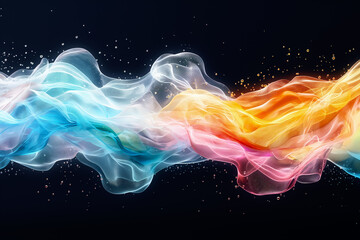 Poster - Soft, flowing waves of color intertwine, forming a captivating mix of blue, pink, and orange hues against a dark background, evoking a sense of tranquility and movement