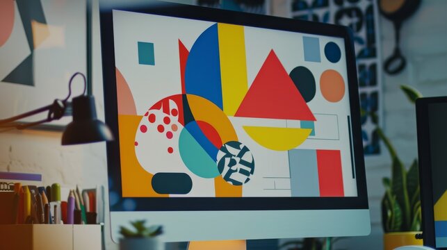 Creative computer illustration in bright geometric shapes and bold colors, highlighting a designer’s innovative process in a studio.