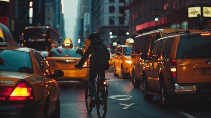 Wall Mural - A cyclist rides through dense city traffic filled with yellow taxis on a rainy evening, reflecting city lights on wet streets.