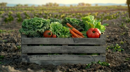 Sticker - Freshly harvested crate of vegetables including tomatoes, carrots, and cabbages displayed in a vibrant field under the sun.