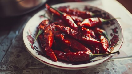 Wall Mural - A plate of vibrant red chili peppers placed on a tiled surface, creating a striking contrast and an inviting sense of heat.