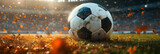 Fototapeta Sport - Muddy Soccer Ball Rests on Grass Field with Falling Leaves