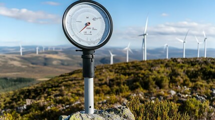 Wind Energy Meter on Hilltop Measuring Wind Speed with Wind Turbines in Background