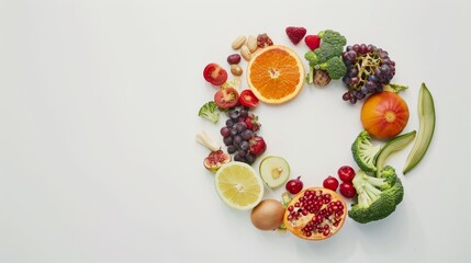 Sticker - A vibrant circular arrangement of various fruits and vegetables, including oranges, broccoli, grapes, and berries, on a clean, white background.