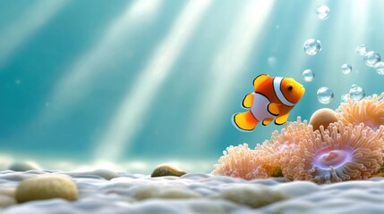 Colorful clownfish swimming near vibrant coral reef