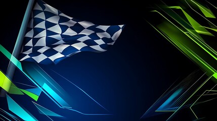 Poster - Checkered flag waving against a dark blue background with neon green and blue abstract lines.