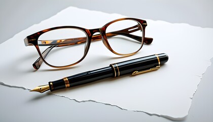 Stationery essentials: pen and reading glasses gracefully arranged on pristine blank paper