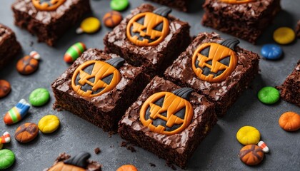 Tray of brownies decorated with jackolantern faces, bats, and witches  brooms, surrounded by colorful Halloween candies, creative Halloween dessert, seasonal treat