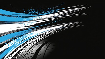 Aufkleber - Abstract Tire Track with Blue and White Lines on a Black Background